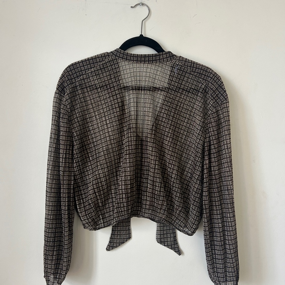 Zara Metallic Plaid Long Sleeve Tie-Back Top